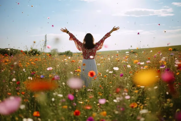 Femme de dos, bras ouverts dans un champ de fleurs sauvages